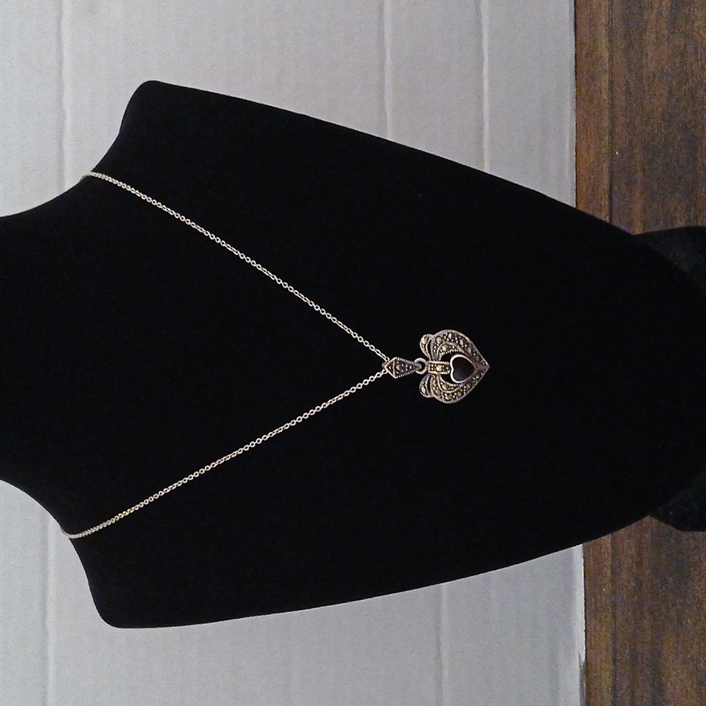 Vintage Sterling Silver Black Onyx Heart Marcasite Heart Pendant Art Deco